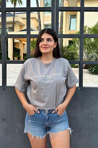 İpli Світло-сіра оверсайз футболка з принтом Freedom