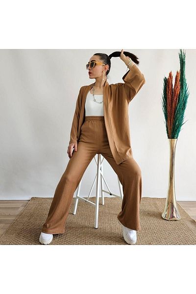İpli Wide Leg Kimono Set - Latte Color, Pocket Detail