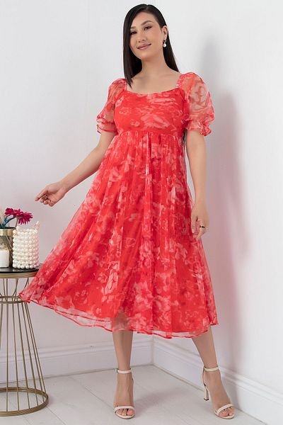 PULLIMM Rochie cu maneca scurta cu decolteu patrat din tul - GRS3455