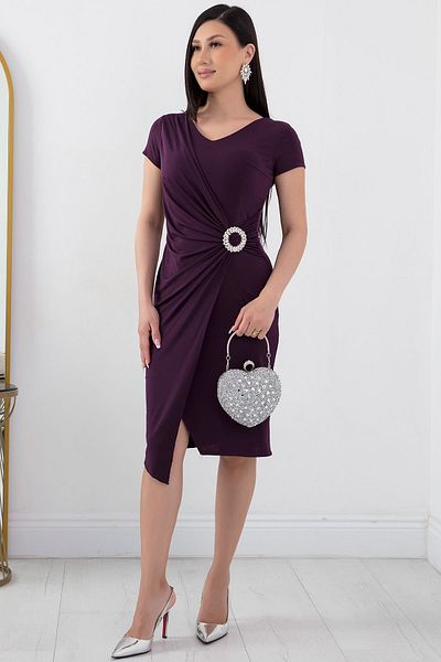 PULLIMM Rochie de seară cu mânecă scurtă, cu decolteu în V, cu cataramă în talie - 13444