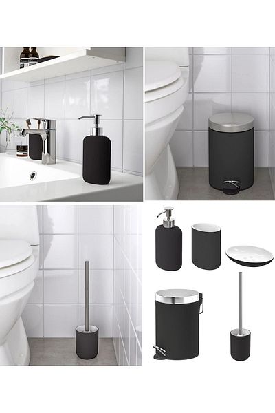 IKEA Σετ μπάνιου 5 τεμαχίων - Ατσάλινος κάδος απορριμμάτων Δοχείο σαπουνιού και πορσελάνινη βούρτσα τουαλέτας Μαύρο
