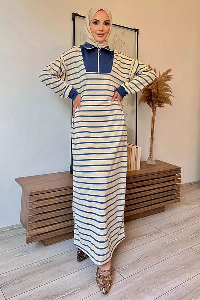 julude Beejindigo Hijab Dress - Ριγέ και μισό φερμουάρ