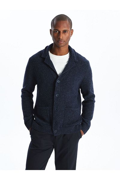 LC Waikiki Ανδρική πλεκτή ζακέτα Navy Blue Melange Standard Fit Shawl Collar
