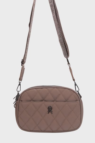 Les Crioch Women's Dark Mink Satin Embroidered Lined 4-Compartment Adjustable Strap Crossbody and Shoulder Bag