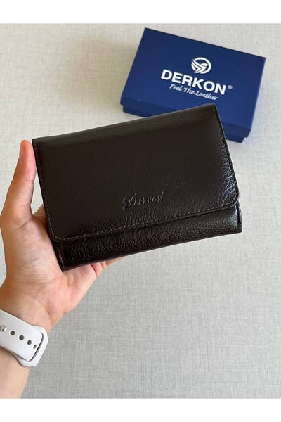 DERKON Medium Size Violeta Model Genuine Leather Women's Wallet - Brown