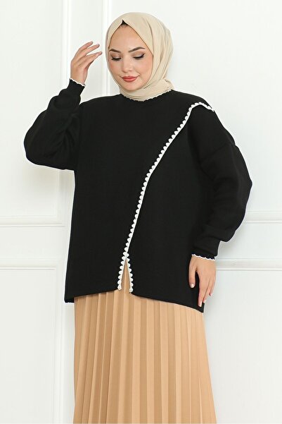 Bestenur Black Asymmetrical Knitwear Sweater 1194 - Sweater