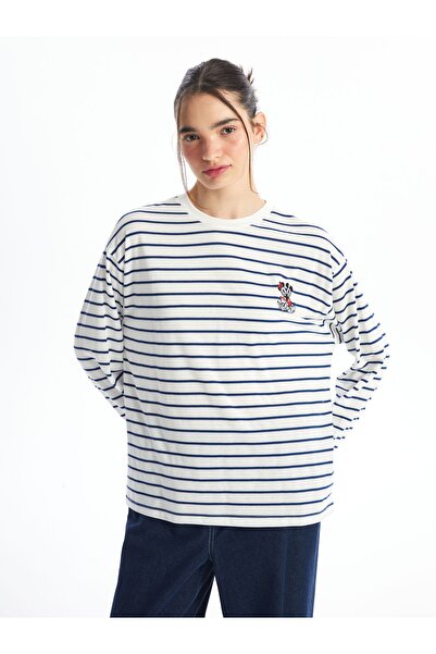 LC Waikiki Γυναικείο μακρυμάνικο μπλουζάκι με κέντημα με λαιμόκοψη Μίκυ Μάους