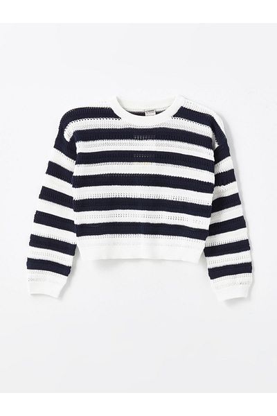 LC Waikiki Gestreifter Crop-Strickpullover für Mädchen – Rundhalsausschnitt