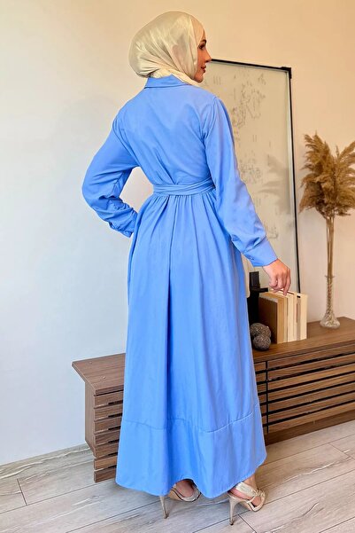 julude Half Buttoned Blue Hijab Dress - Waist Tied