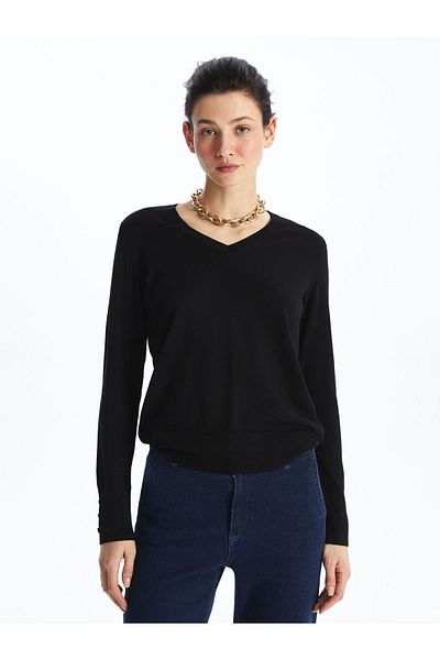 LC Waikiki Women's Knitwear Sweater - V-Neck, Solid, Long Sleeve