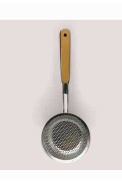ÇEÇEN HOME Close-Eye Oil Strainer, Long Handle Frying Strainer, Metal Colander with Wooden Handle 38X14.5 cm
