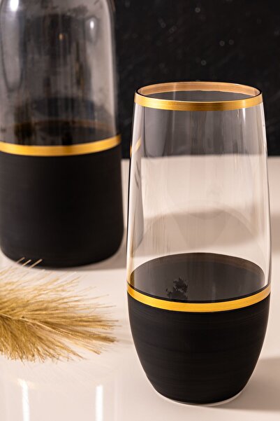 MEST Gst 365 Black Thin Gold Water Cup Set - 7-Piece for 6 with Gilded Jug