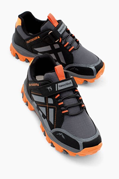Tonny Black Unisex Children's Trekking Shoes - Smoke Orange, Thermo Sole, Water Repellent, Velcro Fabric
