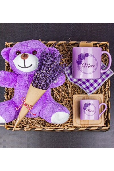 EJOYA Kişiye Özel Türk Kahvesi Fincanı & Kupa ve Altlığı & Lavantalı Peluş Ayı Hediye Kutusu 111914