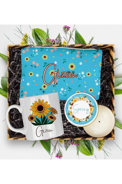 EJOYA Kişiye Özel Ayçiçeği Tasarım Kupa & Makyaj Çantası & Mum Hediye Kutusu ...