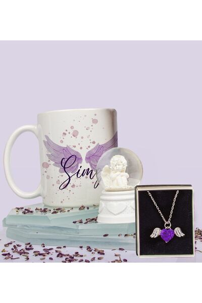 EJOYA Kişiye Özel Tasarım Kupa Bardak & Melek Kar Küresi & Melek Kalp Kolye Hediye Seti 112804