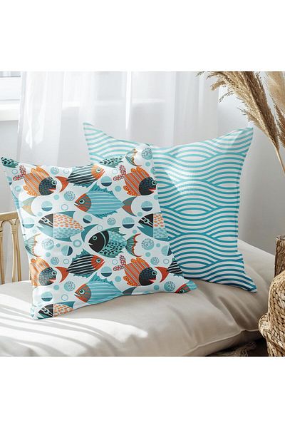 EJOYA Set de 2 perne - Design Fish and Wave, husă de pernă de 45 cm 113504