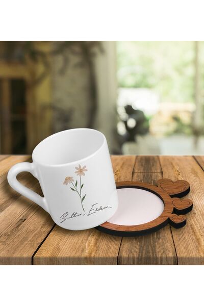 EJOYA Kişiye Özel Tasarım Türk Kahvesi Fincanı Ve Kalpli Ahşap Fincan Altlığı...