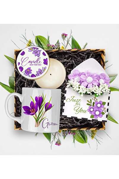 EJOYA Kişiye Özel Çiçek Tasarım Kupa & Mum & Papatya Figür Mektup Aranjmanı Kutusu 113183