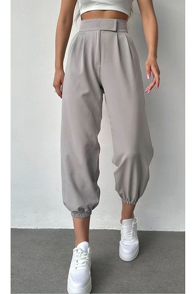 LEYLA SAĞLAM Women's Gray Velcro Belted Elastic Leg - Zippered Double Pleated Balloon Pants