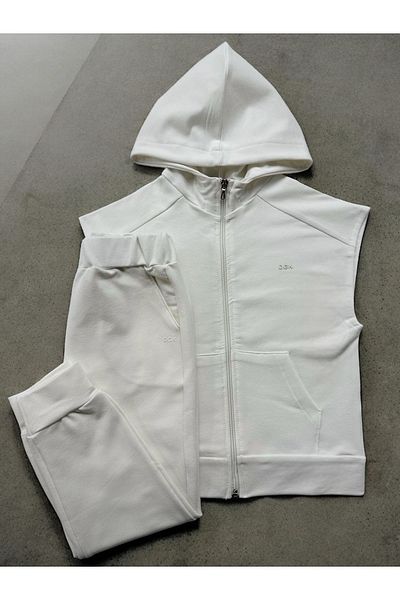 DGK COLLECTİON Unisex Children's Hooded Zippered Tracksuit Set Ecru