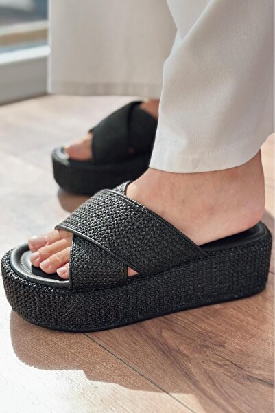 I Love Shoes Papuci de damă din paie neagră - Reducere cu bandă încrucișată