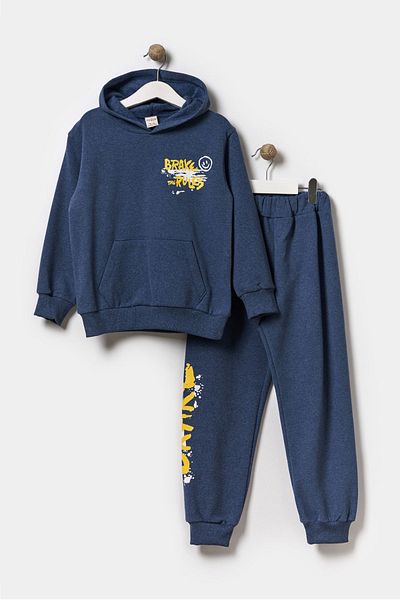 Minipodyum Boy's 2 Thread Ribbed Hooded Cotton Tracksuit Set