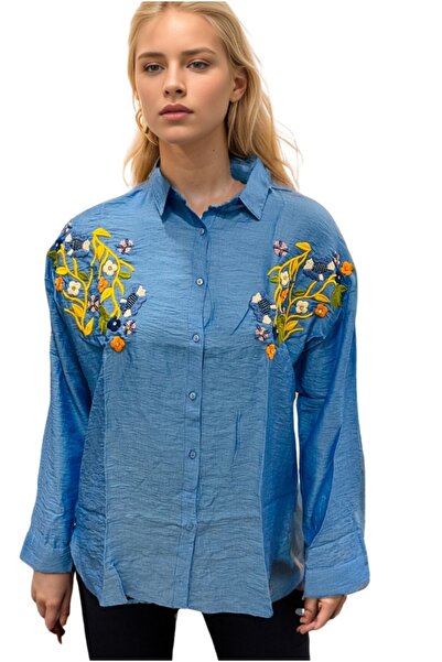 Cassime Оверсайз сорочка з синім квітковим візерунком з льону - з вишивкою бісером та вишивкою, на ґудзиках