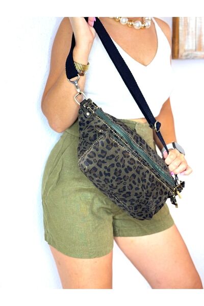 Tuvita Collection Bodrum %100 Gerçek Süet Deri El Yapımı Leopar Desenli Kadın Haki Yeşil Bel Çantası Iki Gözlü Freebag