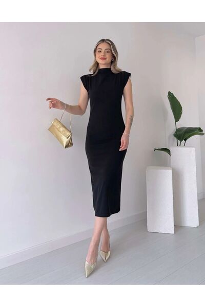 GDS BUTİK Crepe Fabric Slit Dress with Padded Shoulders