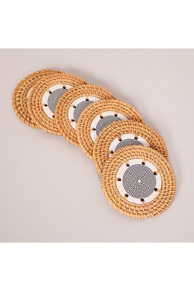 Mylamp قاعدة أكواب من الخيزران الطبيعي والسيراميك المصنوع يدويًا مكونة من 6 قطع