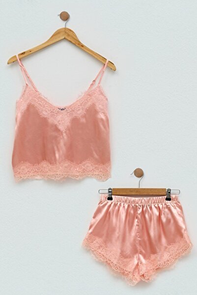 for you sleepwear 2'li Saten Dantelli Pembe Atlet Şorttakım