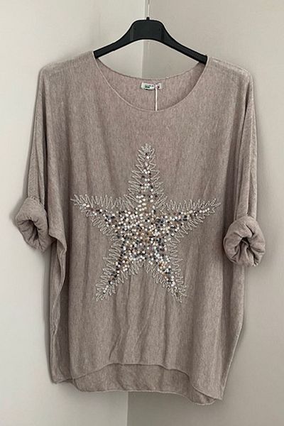AYASOFYA OTANTIK Μπεζ Casual Knitwear Μπλούζα - Στρογγυλή λαιμόκοψη, παγιέτες και μακρυμάνικο πουλόβερ με κέντημα αστεριών