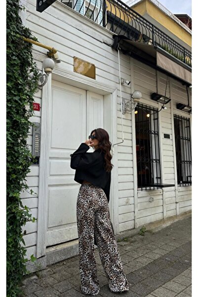 LB Laluna Butik Leopard Patterned SatinPalazzoTrousers - Elastic Waist