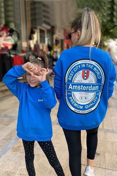 MYZİ STORE Mother Daughter Blue Combination Amsterdam Printed Sweat 100% Cotton - One Piece Top