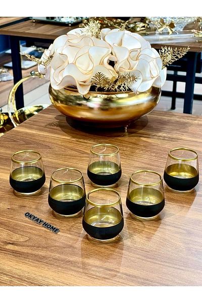 Paşabahçe Lava Lal- 304 6-Piece Bottoming Black Inner Gold Mouth Gilt Coffee Side Water Cup, Dowry, Gift