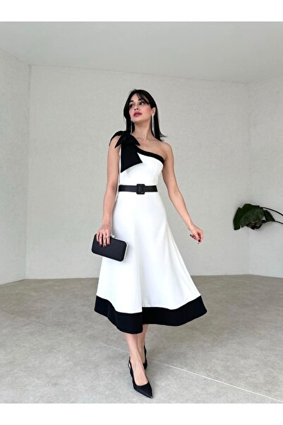 Afiş Butik Beyaz Tek Omuz Fiyonklu Kemerli Midi Elbise