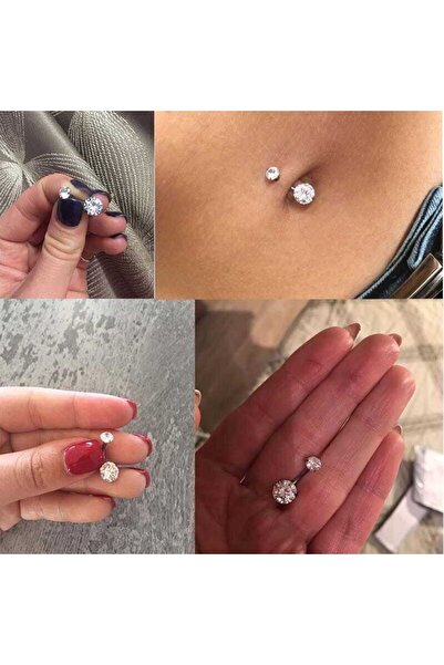 MAZEN Cerahhi Çelik Göbek Piercing Yuvarlak Zirkon Taşlı Gümüş Renk