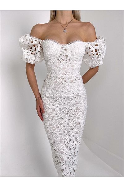 NARKO Laurest White Lace Guipure Embroidered Balloon Sleeve Midi Length Lined Special Design Fustan Dress
