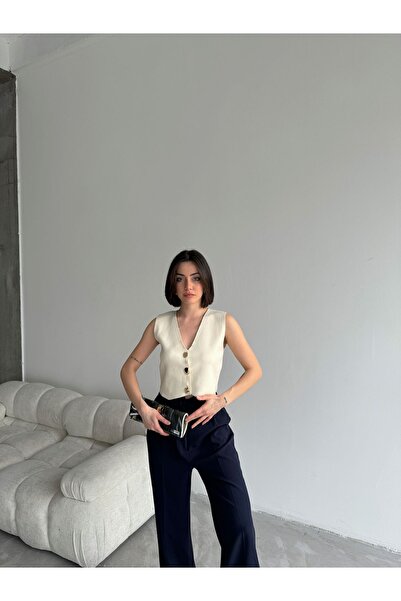 Lusin Жіночий жилет з V-подібним вирізом, елегантними ґудзиками та трикотажною обробкою