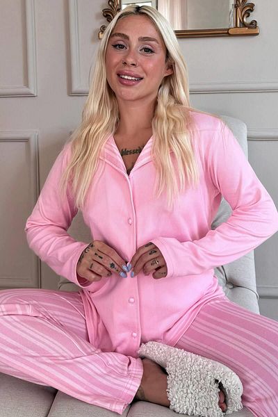 Pijamaevi Thermal Powder Line Patterned Damen-Pyjama-Set – vorne geknöpft