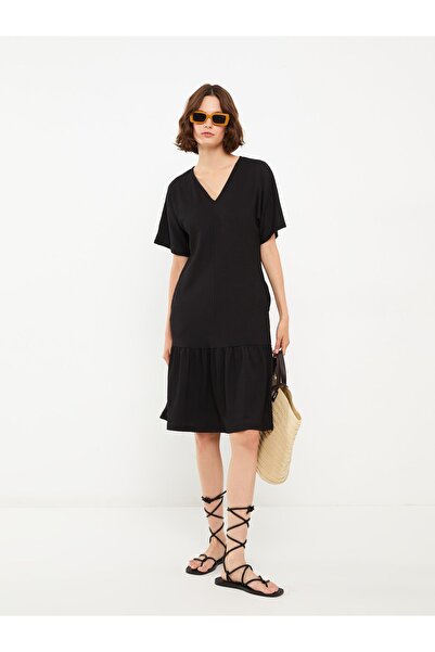 LC Waikiki Women's Dress - V-neck, Solid, Short Sleeve