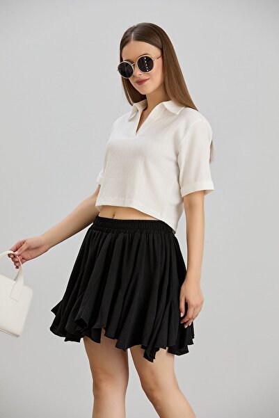 Space Fashion Siyah Beli Lastikli Mini Etek