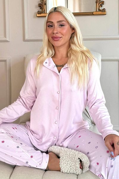 Pijamaevi Thermal Pink Lot mintás női pizsama szett - elülső gombos