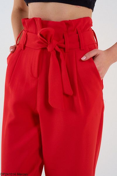 Liora Red Extra High Waist Belted Women's Trousers