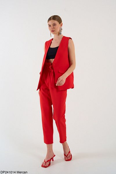 Liora Red Extra High Waist Belted Women's Trousers