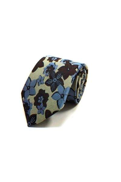 VENCHY ربطة عنق بنمط زهرة زرقاء ذهبية