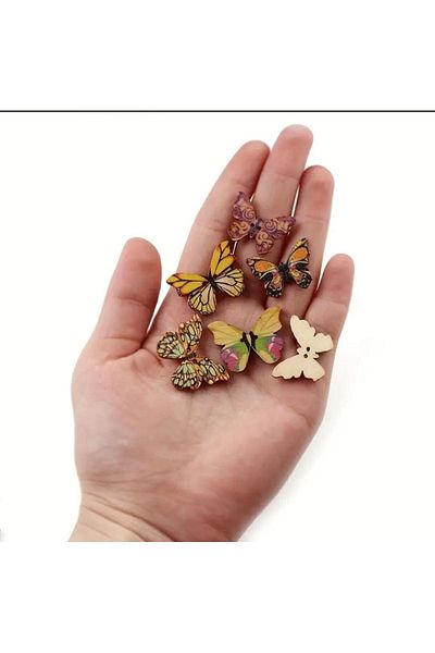 İMREN AKSESUAR 2.5 cm Butterfly Wooden Button - Two Holes, Mixed Color, 1 Pack of 5 Pieces