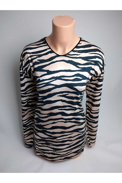 YAŞAR TRİKO Mink Zebra Pattern - V-Neck Long Sleeve Viscose Women's T-Shirt Blouse with Slits