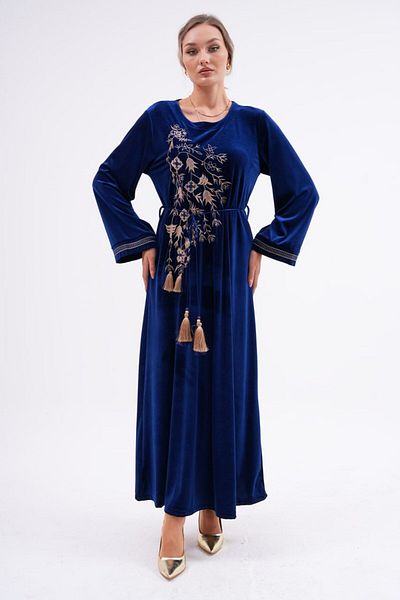 AYASOFYA OTANTIK Rochie lungă de damă din catifea largi cu broderie etnică bleumarin